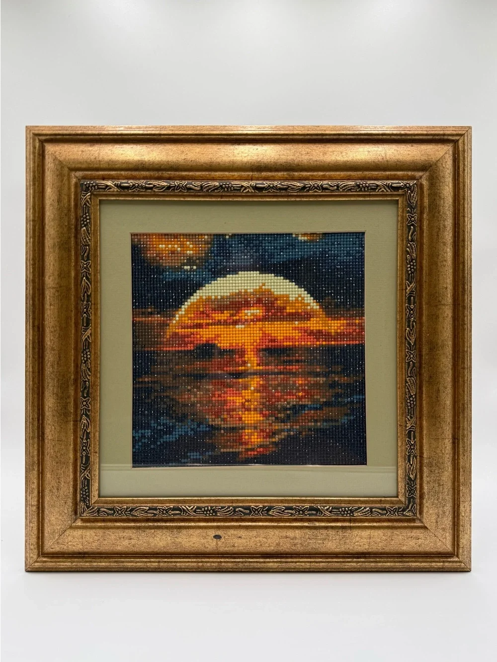 Framed Diamond Art Sunset Landscape Ornate Gold Frame Beaded Wall Decor